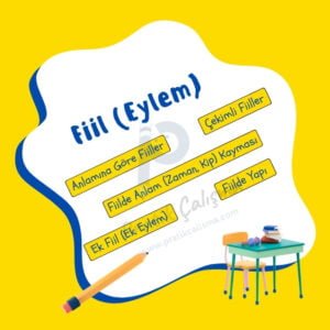 Fiil Konu Anlatımı Üstte "Fiil (Eylem)" başlığı, aşağısında sırayla "Anlamına Göre Fiiller", "Çekimli Fiiller", "Fiilde Anlam (Zaman, Kip) Kayması", "Ek Fiil (Ek Eylem)", "Fiilde Yapı" yazıları var. Geride fon olarak "Pratik Çalışma" logosu ile aşağısında sınıf sırası ve solda kalem görselleri var.