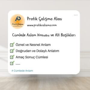 Üstte "Pratik Çalışma Alanı" başlığı, solunda "Pratik Çalışma" logosu, aşağısında "www.pratikcalisma.com" adresi, aşağısında "Cümlede Anlam Konusu ve Alt Başlıkları" yazısı ve onun da aşağısında bazı cümlede anlam başlıkları var.