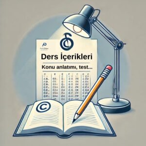 Copyright © www.pratikcalisma.com Masada üzerinde lamba, optik form, formun üstünde "Ders İçerikleri" başlığı ve "Pratik Çalışma" logosu var. Ayrıca üzerinde "Copyright" simgesi olan bir de kitap görseli var.