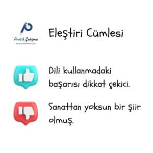 Eleştiri Cümlesi (Değerlendirme) Nedir? Üstte "Pratik Çalışma" logosu, yanında "Eleştiri Cümlesi" başlığı, aşağısında olumlu eleştiriye örnek olarak "Dili kullanmadaki başarısı dikkat çekici." yazısı, onun da aşağısında olumsuz eleştiri örneği olarak "Sanattan yoksun bir şiir olmuş." yazısı var.