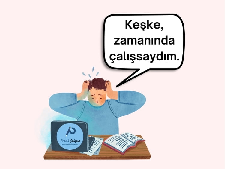 Hayıflanma cümlesine örnek vermek için kullandığım karikatürde bilgisayar başında "Keşke, zamanında çalışsaydım." diyen öğrenci görseli ve bilgisayar kapağında "Pratik Çalışma" logosu var.