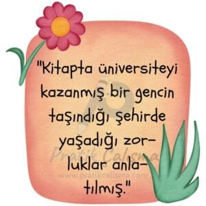 İçerik Cümlesi Nedir, Özellikleri Neler? İçerik cümlesi konusuna örnek vermek için kullandığım konuşma kutusunda "Kitapta üniversiteyi kazanmış bir gencin taşındığı şehirde yaşadığı zorluklar anlatılmış." yazısı ve geride fon olarak "Pratik Çalışma" logosu var.