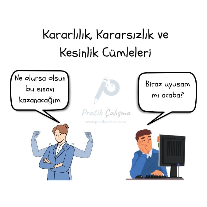 Üstte "Kararlılık, Kararsızlık ve Kesinlik Cümleleri" başlığı, aşağısındaki karikatürde soldaki kişi "Ne olursa olsun bu sınavı kazanacağım." derken sağdaki "Biraz uyusam mı acaba?" diyor ve aralarında "Pratik Çalışma" logosu var.