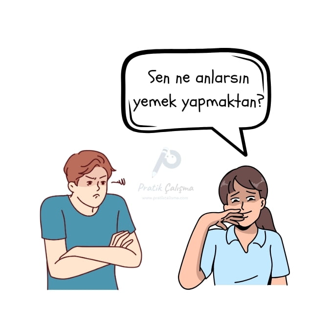 Küçümseme cümlesine örnek vermek için kullandığım karikatürde karşısındakine "Sen ne anlarsın yemek yapmaktan?" diyen bir insan ve aralarında "Pratik Çalışma" logosu var.