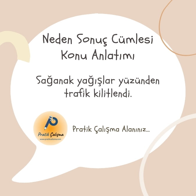 Konuşma balonu içinde üstte "Neden Sonuç Cümlesi Konu Anlatımı" başlığı, aşağısında "Sağanak yağışlar yüzünden trafik kilitlendi." yazısı, aşağısında "Pratik Çalışma" logosu ve sağında "Pratik Çalışma Alanınız..." yazısı.