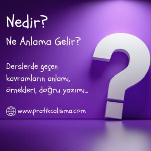 Nedir, Ne Anlama Gelir? Mor fon kâğıdı üzerinde "Nedir? Ne Anlama Gelir?" başlığı, aşağısında "Derslerde geçen kavramların anlamı, örnekleri, doğru yazımı..." yazısı, aşağıda "www.pratikcalisma.com" adresi ile sağda büyük soru işareti görseli var.