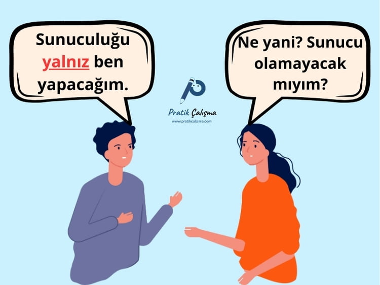 Örtülü anlam örneği vermek için kullandığım karikatürde soldaki kişi "Sunuculuğu yalnız ben yapacağım." derken sağdaki "Ne yani? Sunucu olamayacak mıyım?" demektedir.