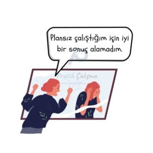 Öz Eleştiri Cümlesi Nedir? Öz eleştiri cümlesine örnek vermek için kullandığım karikatürde aynadaki kendisine "Plansız çalıştığım için iyi bir sonuç alamadım." diyen insan görseli ve geride "Pratik Çalışma" logosu var.