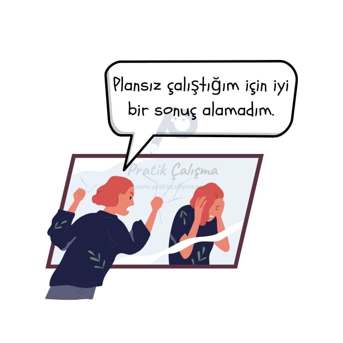 Öz eleştiri cümlesine örnek vermek için kullandığım karikatürde aynadaki kendisine "Plansız çalıştığım için iyi bir sonuç alamadım." diyen insan görseli ve geride "Pratik Çalışma" logosu var.