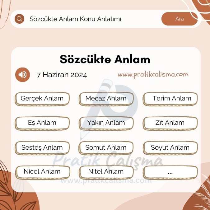 Üstte "Sözcükte Anlam" başlığı, aşağısında sözcükte anlamın bazı alt başlıkları var. Geride fon olarak "Pratik Çalışma" logosu var.