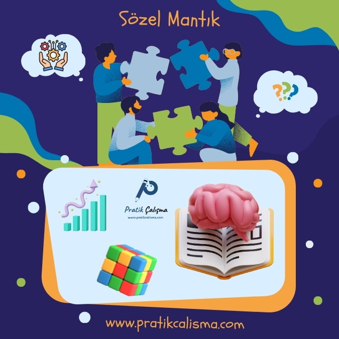 Üstte "Sözel Mantık" başlığı, aşağısında yapbozla uğraşan insanlar, altındaki kutucukta grafik, küp ve kitap görseli ile "Pratik Çalışma" logosu var.