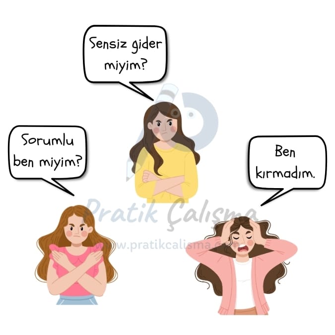 Yadsıma cümlesine örnek vermek için kullandığım karikatürde üç kişi soldan sağa doğru sırayla "Sorumlu ben miyim?", "Sensiz gider miyim?", "Ben kırmadım." diyor. Görselin gerisinde fon olarak "Pratik Çalışma" logosu var.