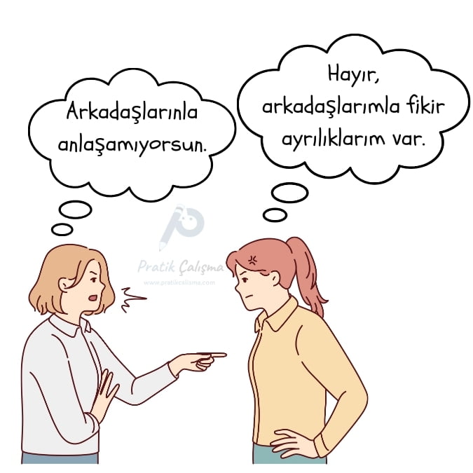 Yakın anlamlı cümle örneğini vermek için kullandığım karikatürde soldaki kişi "Arkadaşlarınla anlaşamıyorsun." derken sağdaki kişi "Hayır, arkadaşlarımla fikir ayrılıklarım var." diyor.