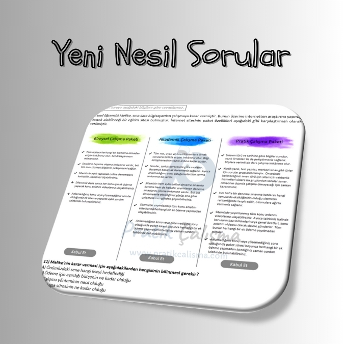 Üstte "Yeni Nesil Sorular" başlığı, aşağısında üç boyutlu yeni nesil soru görseli ve gerisinde "Pratik Çalışma" logosu var.