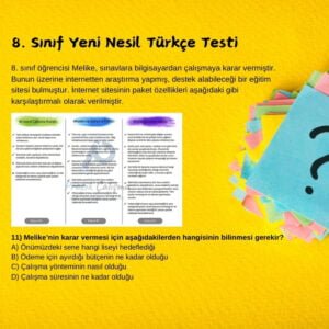 Soru işaretinin bulunduğu sarı fon kâğıdı üstünde "8. Sınıf Yeni Nesil Türkçe Testi" başlığı, aşağısında örnek bir yeni nesil soru, sorunun üstünde "Pratik Çalışma" logosu var.