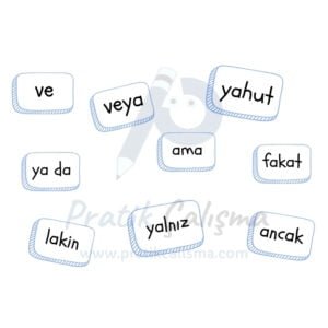 Soldan sağa doğru sırayla şu bağlaç örnekleri yazılı: "ve, veya, yahut, ya da, ama, fakat, lakin, yalnız, ancak" Bu sözcüklerin gerisinde fon olarak "Pratik Çalışma" logosu var.