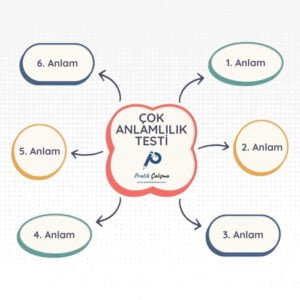 Orta dairede "Çok Anlamlılık Testi" başlığı, aynı daire içinde "Pratik Çalışma" logosu; çevresindeki dairelerde saat yönünde sırayla "1. Anlam, 2. Anlam, 3. Anlam, 4. Anlam, 5. Anlam, 6. Anlam" yazıları var.