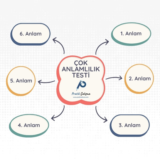 Orta dairede "Çok Anlamlılık Testi" başlığı, aynı daire içinde "Pratik Çalışma" logosu; çevresindeki dairelerde saat yönünde sırayla "1. Anlam, 2. Anlam, 3. Anlam, 4. Anlam, 5. Anlam, 6. Anlam" yazıları var.