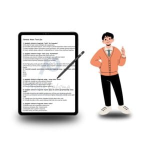 Cümlede Anlam Testi Çöz Büyük bir tablet ekranında "Cümlede Anlam Testi Çöz" başlığı, aşağısında bazı cümlede anlam soruları ve ekranda arka planda fon olarak "Pratik Çalışma" logosu var. Ayrıca tabletin yanında kendinden emin bir ifadeyle bakan öğrenci görseli var.