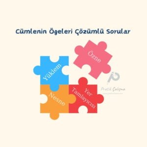 Cümlenin Ögeleri Çözümlü Sorular (8. Sınıf) Üstte "Cümlenin Ögeleri Çözümlü Sorular" başlığı, aşağısında her biri bir ögeyi temsil eden renkli yapboz ve yanında "Pratik Çalışma" logosu var.