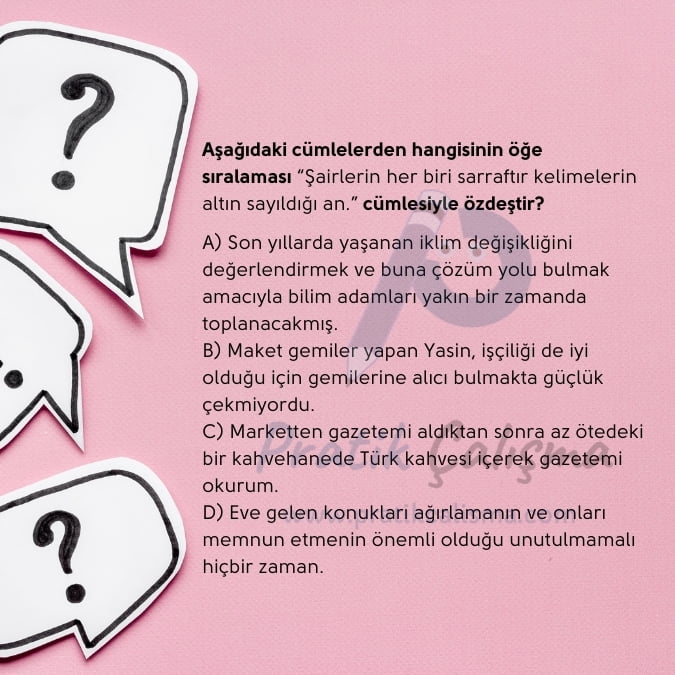 Cümlenin Ögeleri Test-2 için hazırladığım görselde pembe fon kâğıdı üzerinde soru işaretleri, sağında örnek bir cümlenin ögeleri sorusu ve gerisinde "Pratik Çalışma" logosu var.