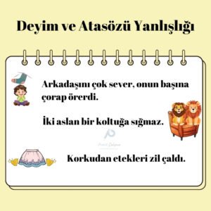 Üstte "Deyim ve Atasözü Yanlışlığı" başlığı, aşağısındaki defterde başa örülen çorap ile karşısında "Arkadaşını çok sever, onun başına çorap örerdi." yazısı, aşağısında koltuk üzerinde oturan iki aslan ile "İki aslan bir koltuğa sığmaz." yazısı, en altta çevresinde zil bulunan etek ile "Korkudan etekleri zil çaldı." yazısı var. Görselin ortasında fon olarak "Pratik Çalışma" logosu var.