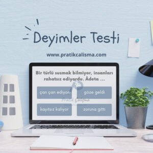 Üstte "Deyimler Testi" yazısı, altta "www.pratikcalisma.com" adresi, onun da aşağısındaki dizüstü bilgisayarda cümlenin anlamına uygun gelen 1 adet deyim sorusu ve gerisinde fon olarak "Pratik Çalışma" logosu var.