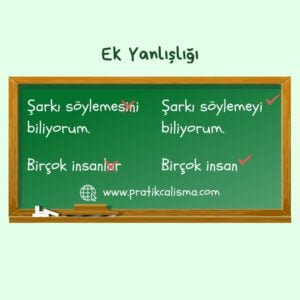 Ek Yanlışlığı - Anlatım Bozukluğu Üstte "Ek Yanlışlığı" başlığı, aşağısındaki sınıf tahtasında bu konuya ait örnekler var. Sınıf tahtasının en altında da "www.pratikcalisma.com" adresi var.