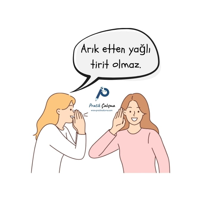 İlginç atasözleri konusuna örnek vermek için kullandığım karikatürde arkadaşının kulağına fısıldayarak "Arık etten yağlı tirit olmaz." diyen insan ve bunların arasında "Pratik Çalışma" logosu var.