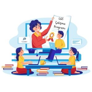 Bilgisayar ekranından çıkıp öğrencilere gösterdiği kâğıtta "LGS Çalışma Programı" yazıyor ve iki öğrenci de onu izliyor.