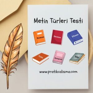 Defterin üstünde "Metin Türleri Testi" başlığı, aşağısında roman, destan, efsane, öykü, biyografi ve şiir türünü temsil eden görseller; en altta "www.pratikcalisma.com" adresi ve defterin solunda tüy kalem görseli var.