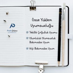 Özne Yüklem Uyumsuzluğu Defterin sol tarafında "Pratik Çalışma" logosu var; sağ tarafında "Özne Yüklem Uyumsuzluğu" başlığı, aşağısında sırayla "Tekillik Çoğulluk Uyumu", "Olumluluk Olumsuzluk Bakımından Uyum", "Kişi Bakımından Uyum" yazıları var.