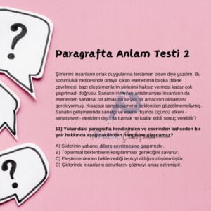 Paragrafta Anlam Testi 2 Soru işareti işaretli fon kâğıdı üzerinde "Paragrafta Anlam Testi 2" başlığı, aşağısında örnek bir paragrafta anlam sorusu ve sorunun gerisinde "Pratik Çalışma" logosu var.