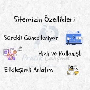 Sitemizin Özellikleri Üstte "Sitemizin Özellikleri" başlığı, aşağısında "Sürekli Güncelleniyor", "Hızlı ve Kullanışlı", "Etkileşimli Anlatım" yazıları ile bu anlamları ifade edecek görseller var. Ayrıca geride de fon olarak "Pratik Çalışma" logosu var.