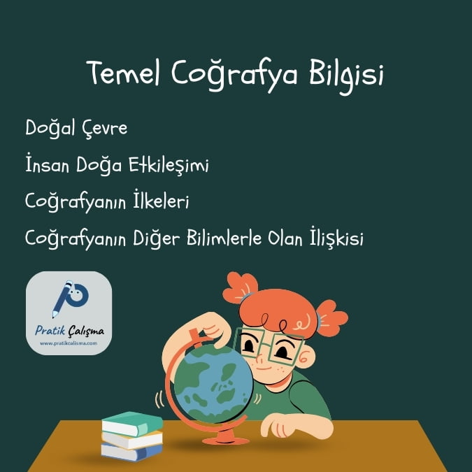 Üstte "Temel Coğrafya Bilgisi" başlığı, aşağısında "Doğal Çevre, İnsan Doğa Etkileşimi, Coğrafyanın İlkeleri, Coğrafyanın Diğer Bilimlerle Olan İlişkisi" yazıları, aşağıda "Pratik Çalışma" logosu ve en altta dünya küresine bakan öğrenci görseli.