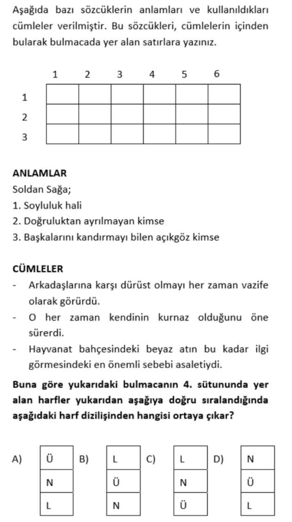 Bazı sözcüklerin cümlede kazandığı anlam hakkında soru soran tablolu görsel.