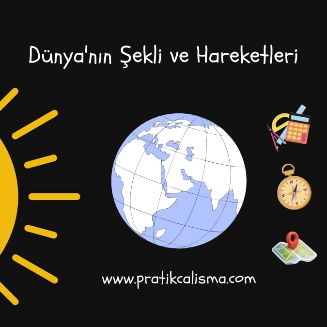 Üstte "Dünya'nın Şekli ve Hareketleri" başlığı, sol aşağıda Güneş, sağında enlem ve boylamlarına ayrılmış Dünya, sağında hesaplama, pusula ve harita görseli; en altta "www.pratikcalisma.com" adresi var.