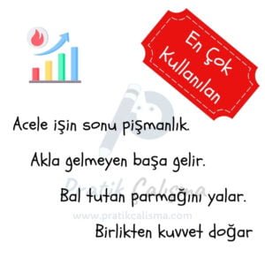 Sol üstte yükselen grafik, sağ üstte "En Çok Kullanılan" yazısı, aşağıda en çok kullanılan atasözleri örnekleri var. Görselin gerisinde "Pratik Çalışma" logosu var.