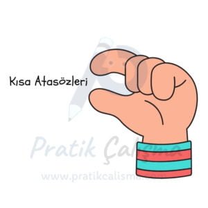 Kısa Atasözleri ve Anlamları Bir şeyin kısa olduğunu el ile belirten ifade, iki parmak ucunda "Kısa Atasözleri" yazısı, görselin gerisinde "Pratik Çalışma" logosu var.