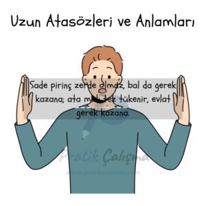 Uzun Atasözleri ve Anlamları Üstte "Uzun Atasözleri ve Anlamları" başlığı, aşağısındaki karikatürde genç bir insan şeffaf kutucuk tutuyor, kutucuğun içinde örnek olarak "Sade pirinç zerde olmaz, bal da gerek kazana; ata malı tez tükenir, evlat gerek kazana." atasözü yazılı. Görselin gerisinde "Pratik Çalışma" logosu var.