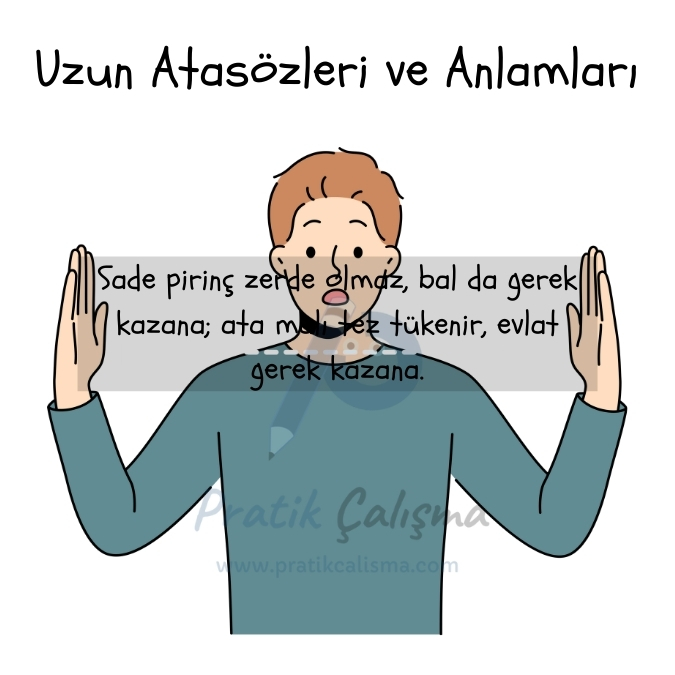 Üstte "Uzun Atasözleri ve Anlamları" başlığı, aşağısındaki karikatürde genç bir insan şeffaf kutucuk tutuyor, kutucuğun içinde örnek olarak "Sade pirinç zerde olmaz, bal da gerek kazana; ata malı tez tükenir, evlat gerek kazana." atasözü yazılı. Görselin gerisinde "Pratik Çalışma" logosu var.