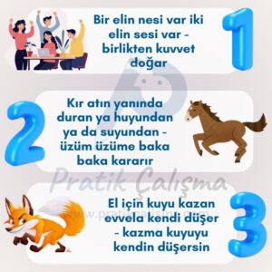 Eş Anlamlı Atasözleri "Eş Anlamlı Atasözleri" konusuna örnek vermek için kullandığım görselde 3 çift atasözü ve görselleri var. Geride de fon olarak "Pratik Çalışma" logosu var.