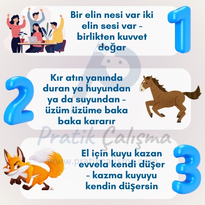 "Eş Anlamlı Atasözleri" konusuna örnek vermek için kullandığım görselde 3 çift atasözü ve görselleri var. Geride de fon olarak "Pratik Çalışma" logosu var.