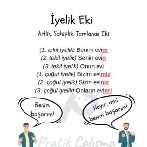 İyelik Eki (Aitlik, Tamlanan, Sahiplik Eki) Üstte "İyelik Eki" başlığı, aşağısında "Aitlik, Sahiplik, Tamlanan Eki" yazısı, onun da aşağısında örnek olarak "(1. tekil iyelik) Benim evim (2. tekil iyelik) Senin evin (3. tekil iyelik) Onun evi (1. çoğul iyelik) Bizim evimiz (2. çoğul iyelik) Sizin eviniz (3. çoğul iyelik) Onların evleri" yazıları var. En altta karikatür olarak birbirlerine "Benim başarım!" ve "Hayır, asıl benim başarım!" diyen insanlar var. Görselin orasında fon olarak "Pratik Çalışma" logosu var.