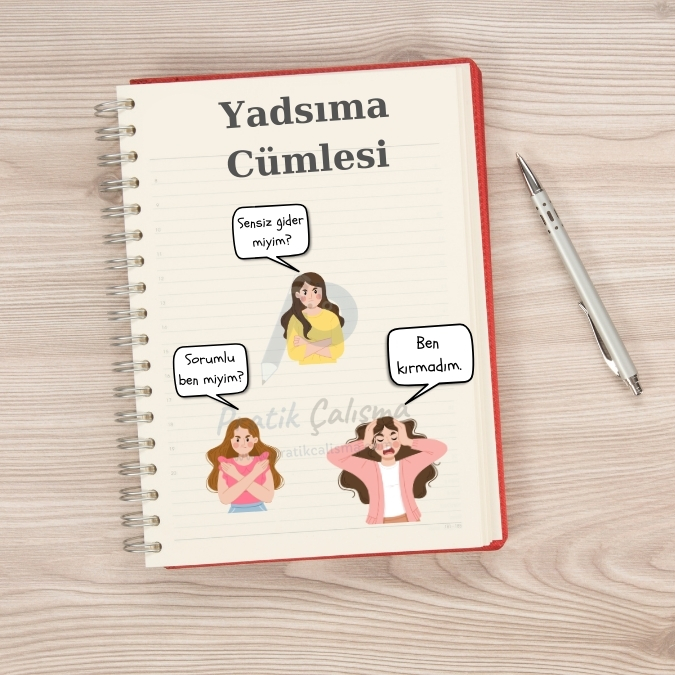 Defter sayfası üzerinde "Yadsıma Cümlesi" başlığı, aşağısındaki karikatürde üç kişi soldan sağa doğru sırayla "Sorumlu ben miyim?", "Sensiz gider miyim?", "Ben kırmadım." diyor. Görselin gerisinde fon olarak "Pratik Çalışma" logosu var. 