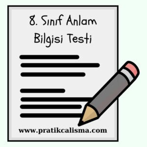 Sınav kâğıdının üzerinde "8. Sınıf Anlam Bilgisi Testi" başlığı, aşağısında metin görüntüsü, sağında kalem, en altta "www.pratikcalisma.com" adresi var.