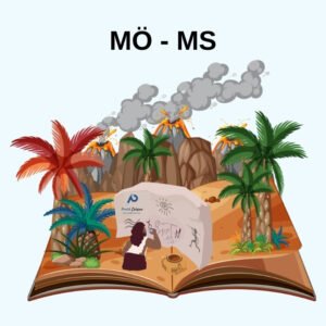 Milattan Önce ve Sonra kavramını anlatmak için kullandığım görselde üstte "MÖ - MS" yazısı, aşağısında volkanik dağ görseli, onun da aşağısında şekil çizen mağara insanı var. Şeklin içinde ayrıca "Pratik Çalışma" logosu da var.