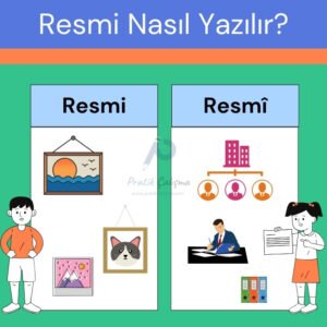 Üstte "Resmi Nasıl Yazılır?" başlığı, sol altta "Resmi" başlığı ve duvar resimler var. Sağ altta da "Resmî" başlığı ve kurum, mesafe, memur gibi görseller var. Ortada da fon olarak "Pratik Çalışma" logosu var.