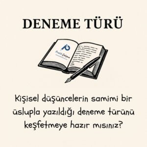 Üstte "Deneme Türü" başlığı, aşağısında sol sayfasında "Pratik Çalışma" logosu olan bir defter, aşağısında "Kişisel düşüncelerin samimi bir üslupla yazıldığı deneme türünü keşfetmeye hazır mısınız?" yazısı var.