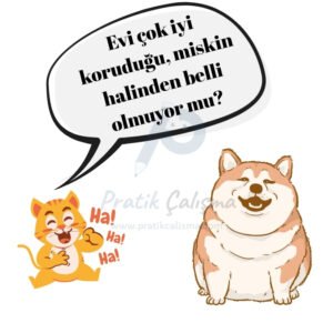 Tariz Nedir, Tariz Sanatı Nasıl Olur? Tariz sanatına örnek vermek için kullandığım karikatürde sağda şişman bir köpek miskin halde oturmuş, solda gülerek onu işaret eden bir kedi "Evi çok iyi koruduğu, miskin halinden belli olmuyor mu?" diyor. Karikatürün ortasında fon olarak "Pratik Çalışma" logosu var.